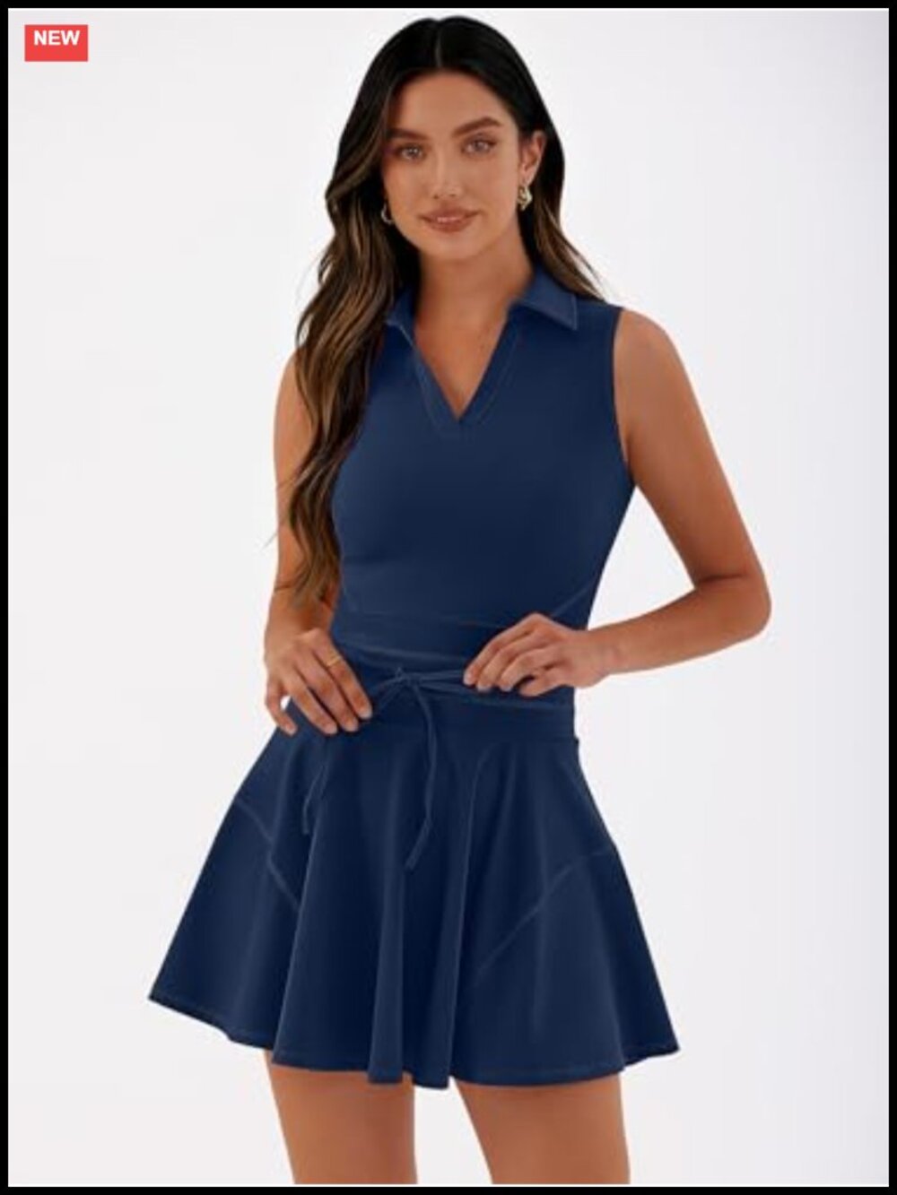 Women's 2 Piece Tennis Dress Set Polo Neck Sleeveless Mini Dress with Shorts - Picture 3 of 6